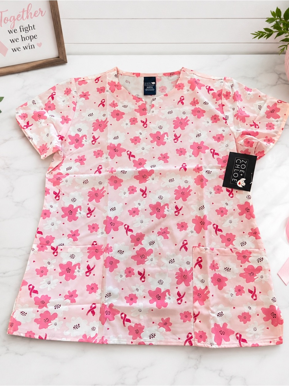 NEW Zoe & Chloe Breast Cancer Awareness Scrub Top - Size Medium